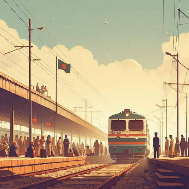 Иллюстрация поезда в дневное время с акварельным эффектом