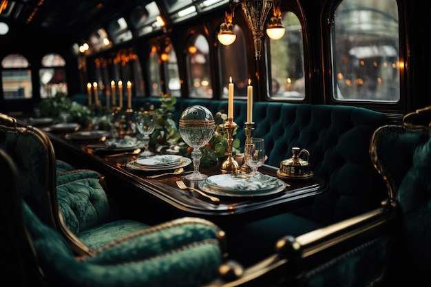 Train interior of the dining area in a romantic style with a dining table and dining set natural light and light from a lamp Generative AI