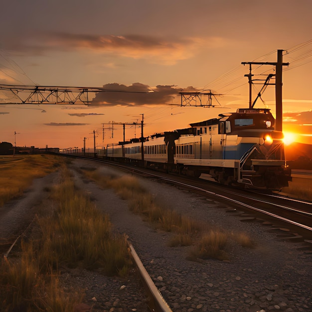 a train is coming down the tracks at sunset