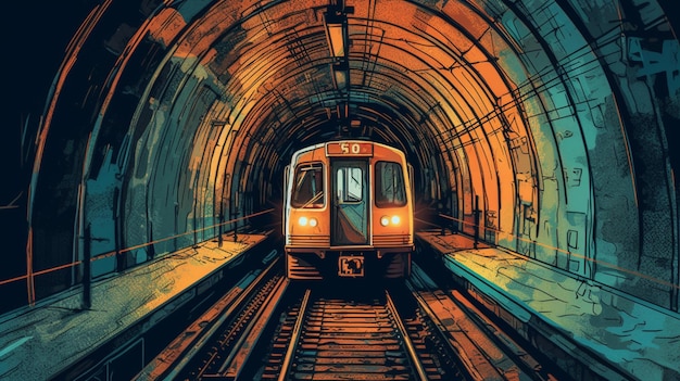 A train is coming out of a tunnel with the number 5 on the front.