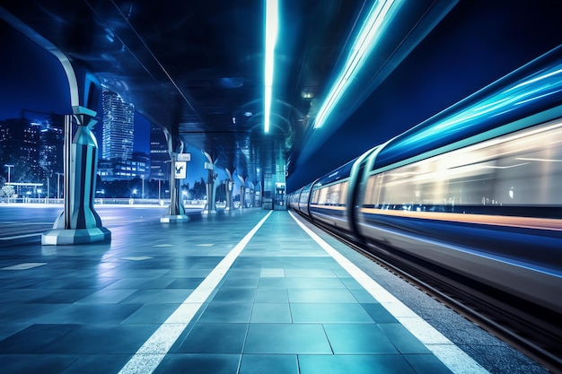 青い光を背景に電車が駅を通過します。