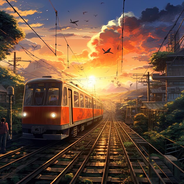 a train is going down the tracks in a colorful sunset