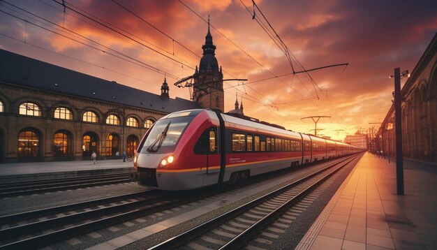 a train is going down the tracks in front of a sunset