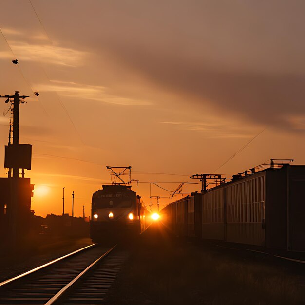 Photo a train is going down the tracks at sunset