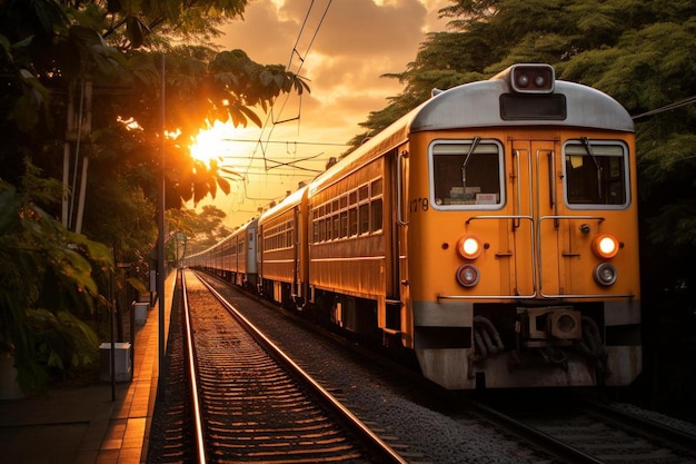 Photo a train is going down the tracks with the sun setting behind it