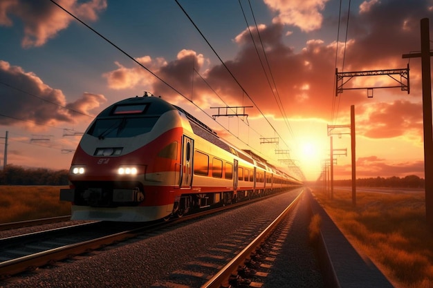 a train is going down the tracks with the sun setting behind it