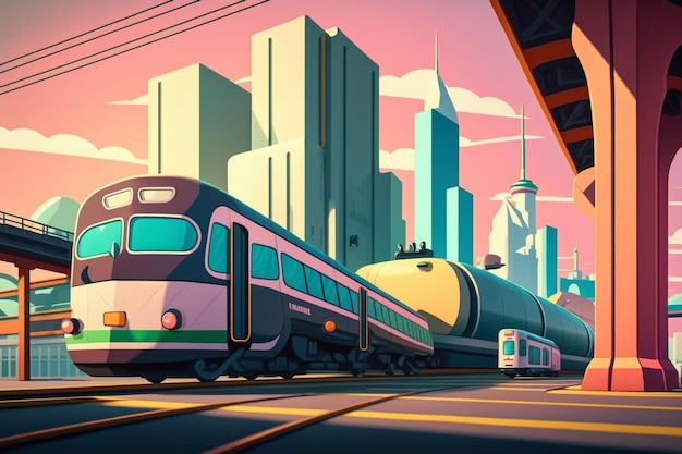 A train is going through a city with a city in the background.