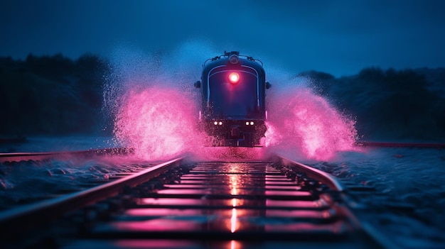 A train is going through a dark, stormy night.