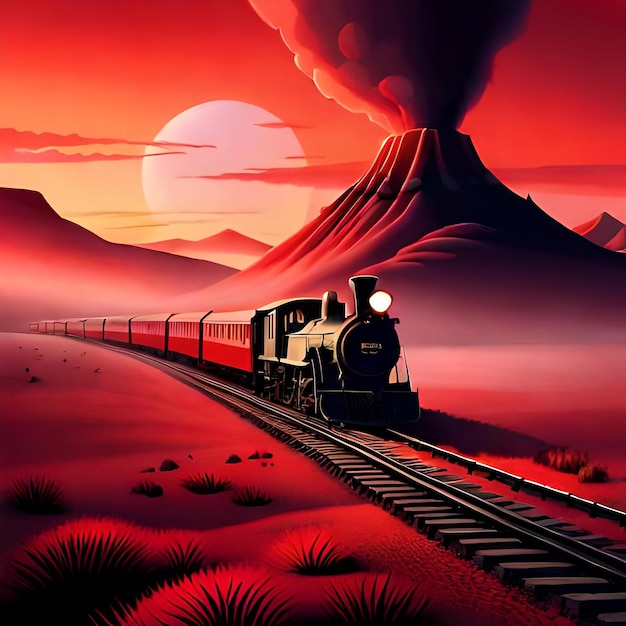 A train is going through a desert with a volcano in the background.