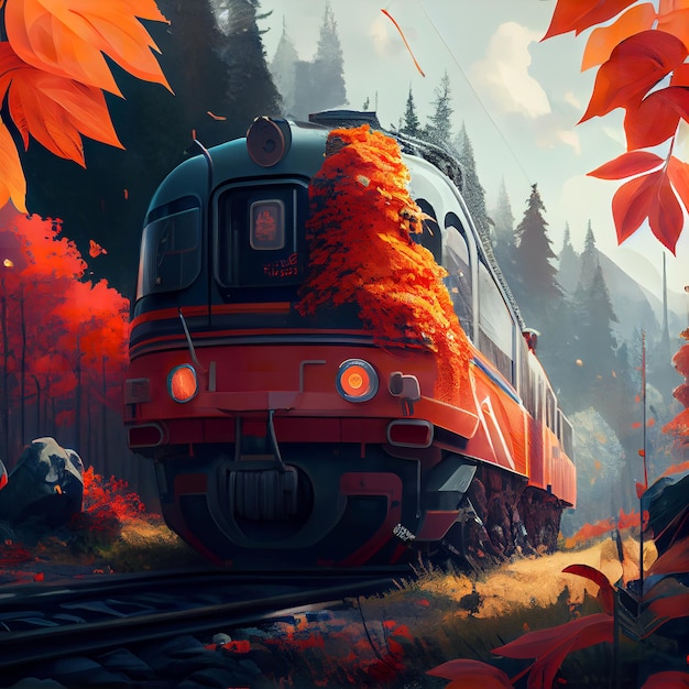 A train is going through a forest with autumn leaves on the front.