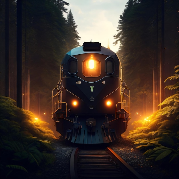 A train is going through a forest with the lights on.