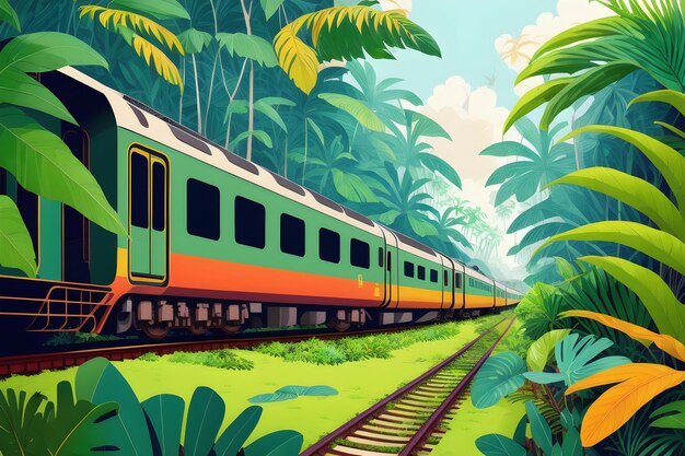 A train is going through a jungle with a green and yellow train going through the jungle