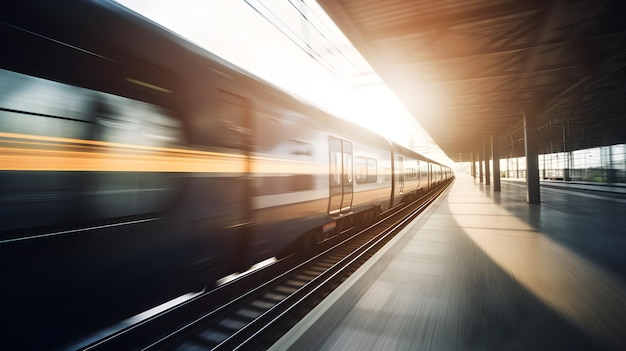 電車が駅を出発し、左側に「電車」という文字が見えます。