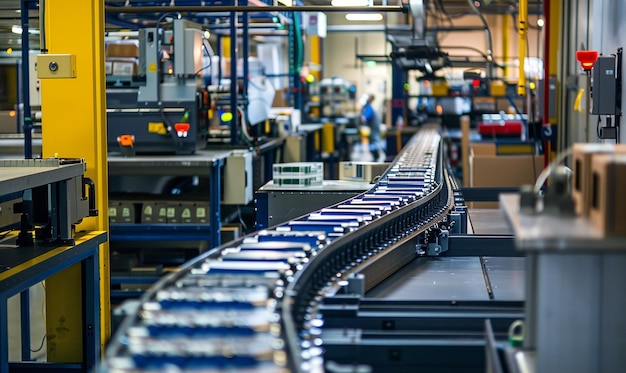 a train is moving down a conveyor belt in a warehouse