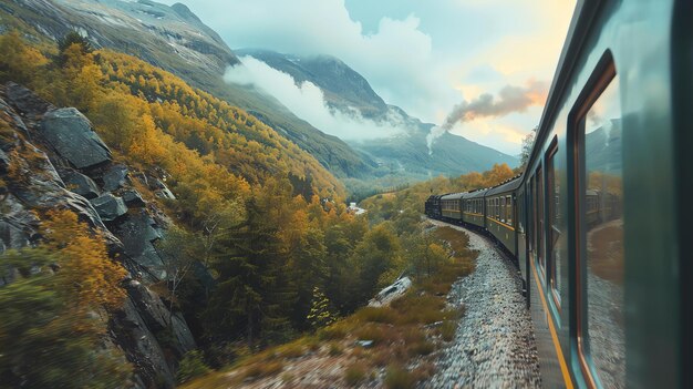 Foto il treno passa attraverso una bellissima valle di montagna il cielo è blu e il sole splende gli alberi sono verdi e i fiori stanno fiorendo