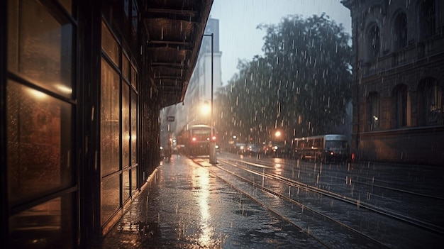 A train is on a rainy street in the rain