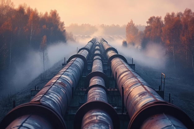 A train is seen traveling along train tracks that run alongside a dense forest creating a captivating scene A dreamy vision of pipelines enveloped in morning fog AI Generated