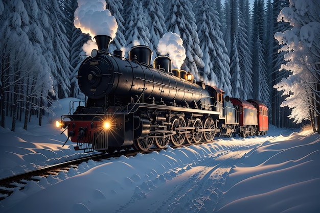 A train is on a snowy track with snow on the ground.