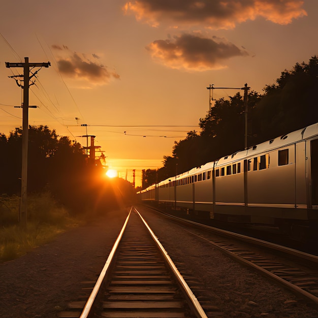 Photo a train is on the tracks with the sun setting behind it