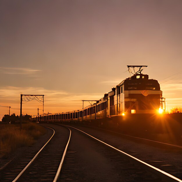 Photo a train is on the tracks with the sun setting behind it