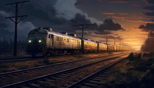 Photo a train is on the tracks with a sunset in the background