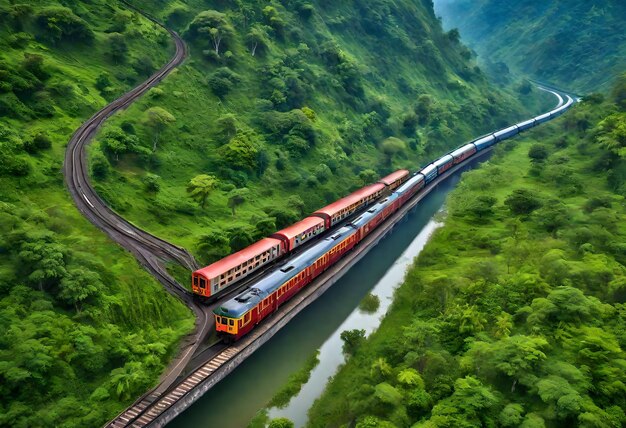 Photo a train is traveling through a lush green forest