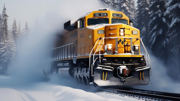 A train is traveling through the snow and is going through a snowy landscape.