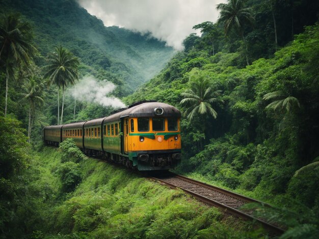 Train journey through magical forests in an imaginary tropical paradise