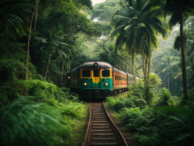 Train journey through magical forests in an imaginary tropical paradise