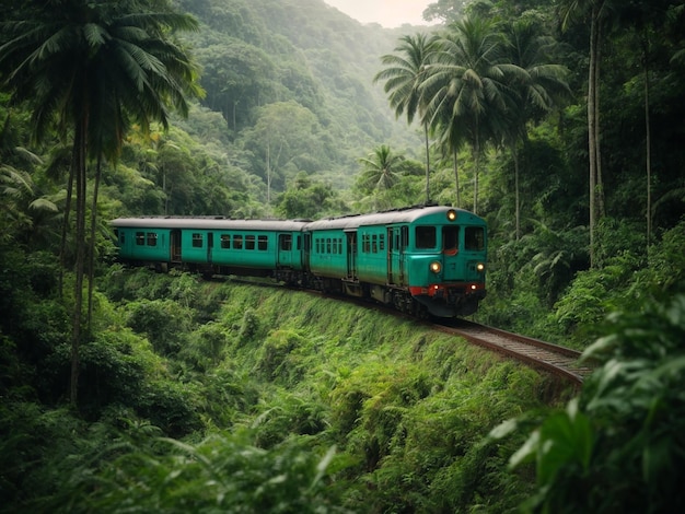 Train journey through magical forests in an imaginary tropical paradise