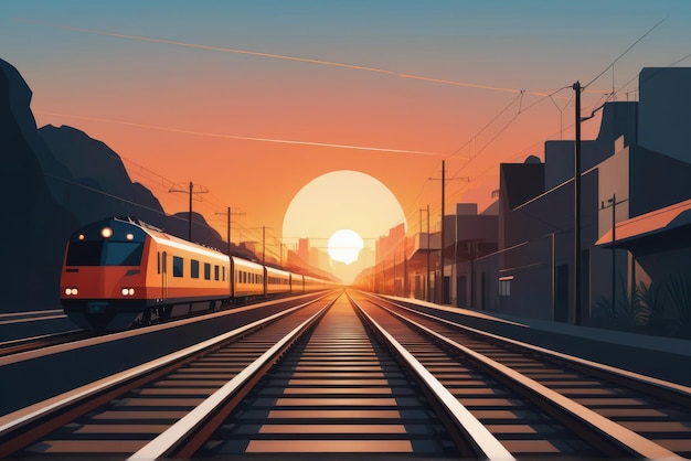 그림 같은 일몰 을 배경 으로 철도 철도 를 따라 여행 하는 열차