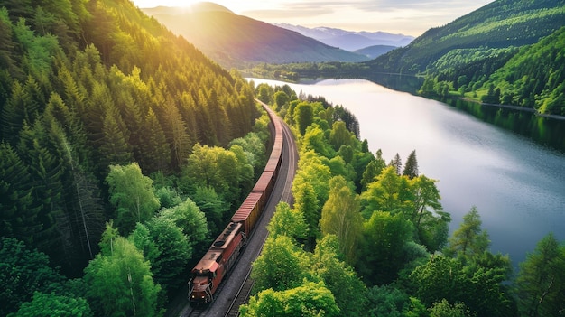 A train moves through a dense green forest with vibrant foliage along its path