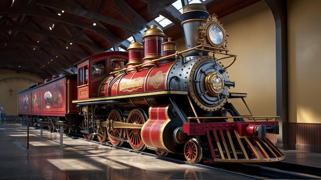 A train in a museum with a red train with the words " the great train " on the front.