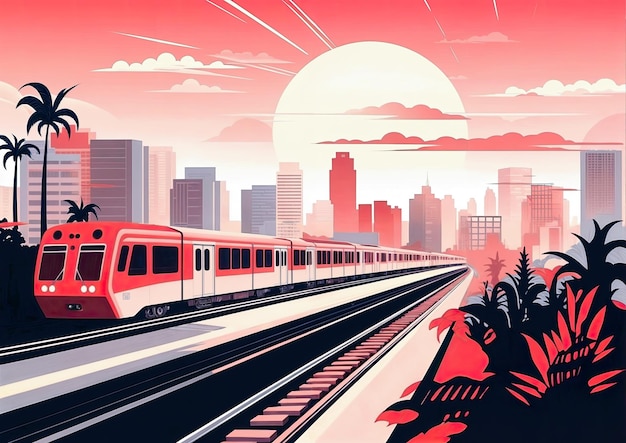 Train and palm trees in the city at sunset Vector illustration