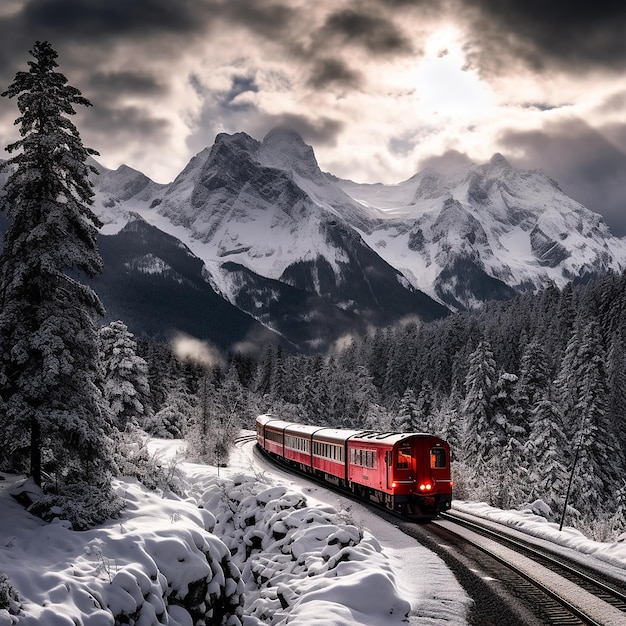 写真 列車は雪に覆われた山を通過する