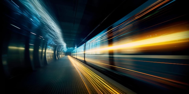 Train passing by with long exposure trails of light and dynamic movement creating a sense of speed and motion Generative AI