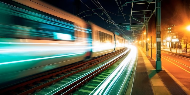 通過する列車を長時間露光の光の軌跡とダイナミックな動きで表現し、スピードと動きの感覚を生み出す Generative AI
