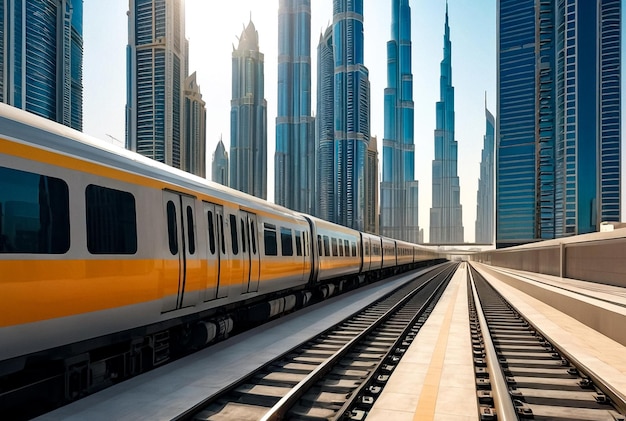 두바이 지하철의 철도에 있는 열차는 도시 마천루의 배경에서 비즈니스 지구에 있습니다.