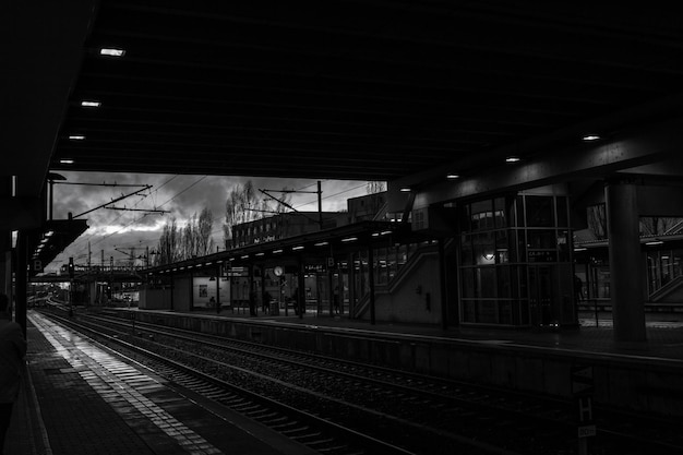 Train at railroad station at night