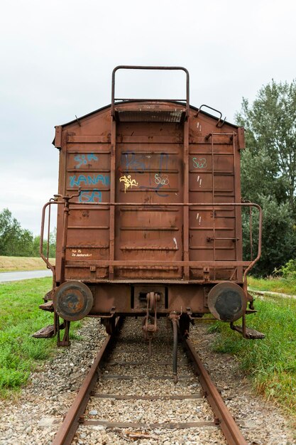 空の向こうのフィールドの中の鉄道線路の列車