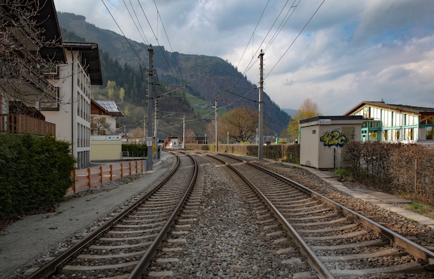 Train rails in austrian alpine ski village