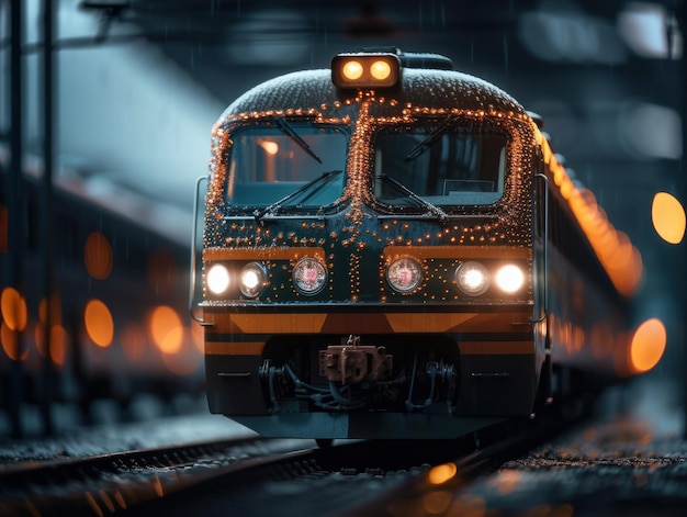 Train on the railway tracks at night in the rain The concept of travel Created with Generative AI technology