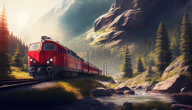 Train rides through mountain landscape in spring AI generative