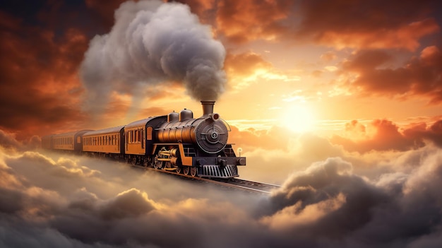 A train runs through the clouds in the sunset.