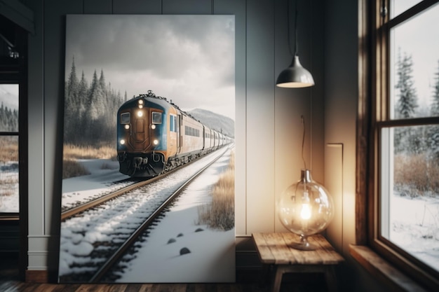 Photo a train in the snow with the lights on