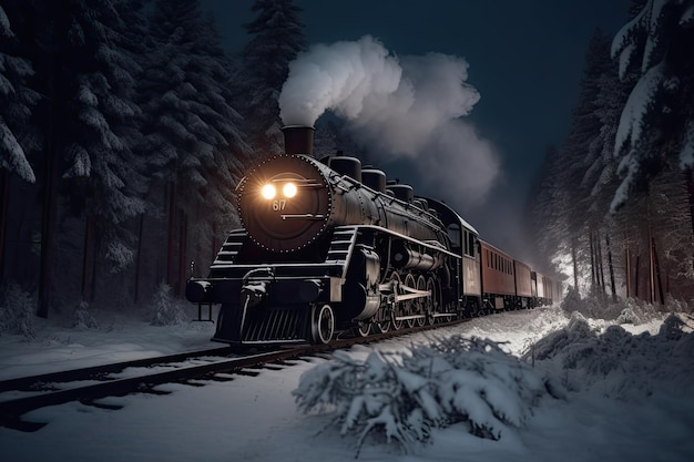 A train in the snow with the lights on