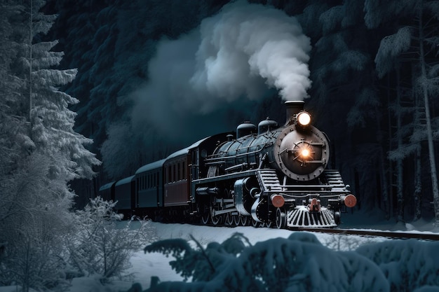 A train in the snow with the word winter on the front.