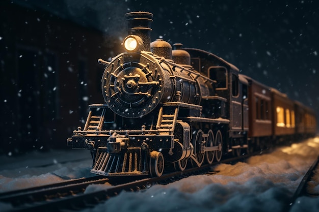 A train in a snowy scene with a snow covered train.