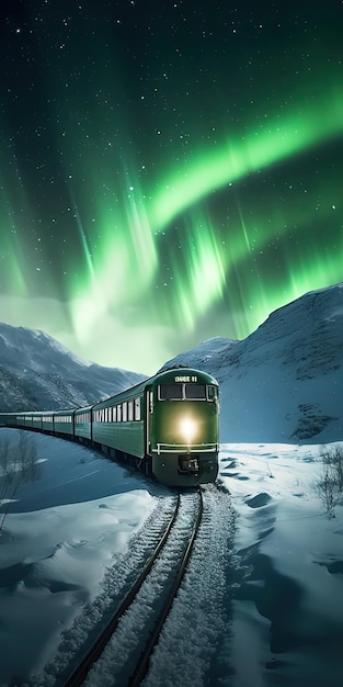 A train on a snowy track with the aurora borealis above it.