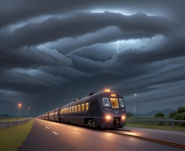 Train speeding past cloudy sky with lightning bolts flashing 3d animation style